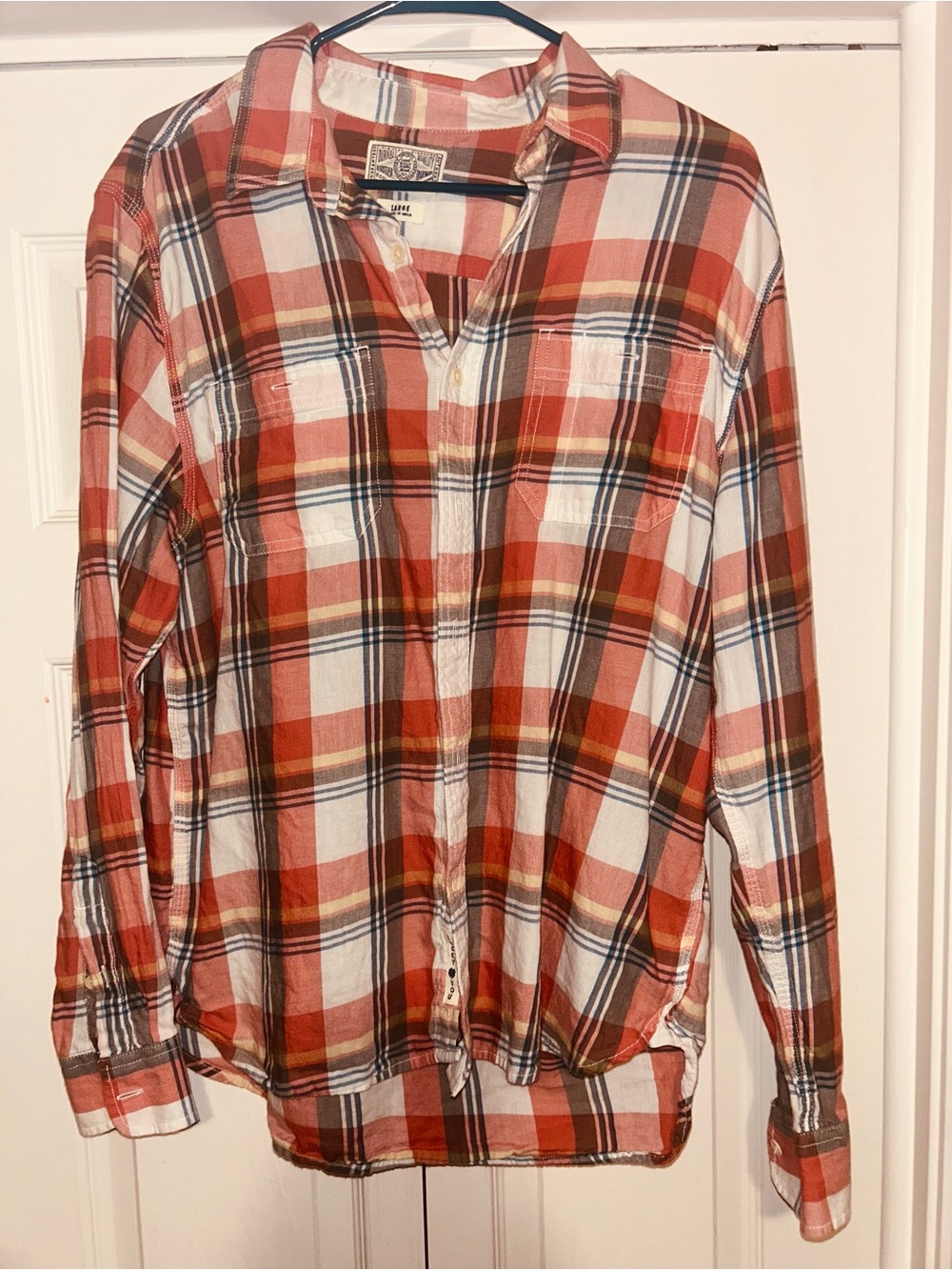 Lucky Brand Coral, Cream & Navy Plaid Button-Up Shirt Large